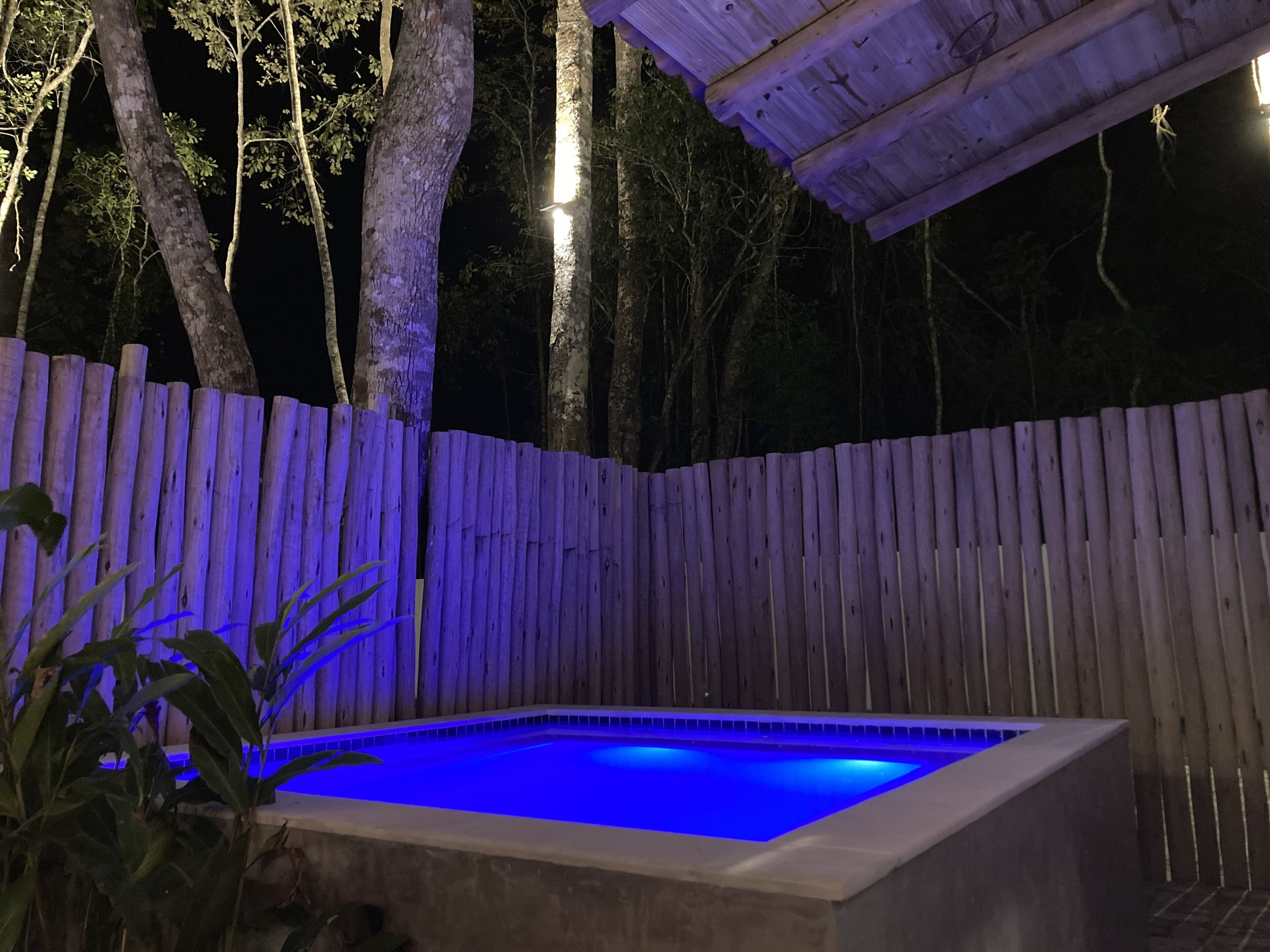 A rectangular pool with a blue light, surrounded by a wooden fence, and trees in the background.