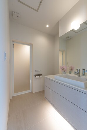 A modern bathroom with a large mirror, a white sink, and a toilet. - Silver Maple Chalet (Hakuba)