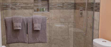 Shower, hair dryer, towels, shampoo