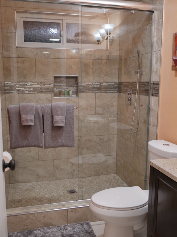 Shower, hair dryer, towels, shampoo