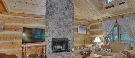 TV connectée, cheminée, livres