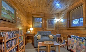 TV, fireplace, DVD player, video library