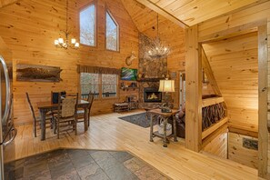 Televisión, chimenea y reproductor de DVD