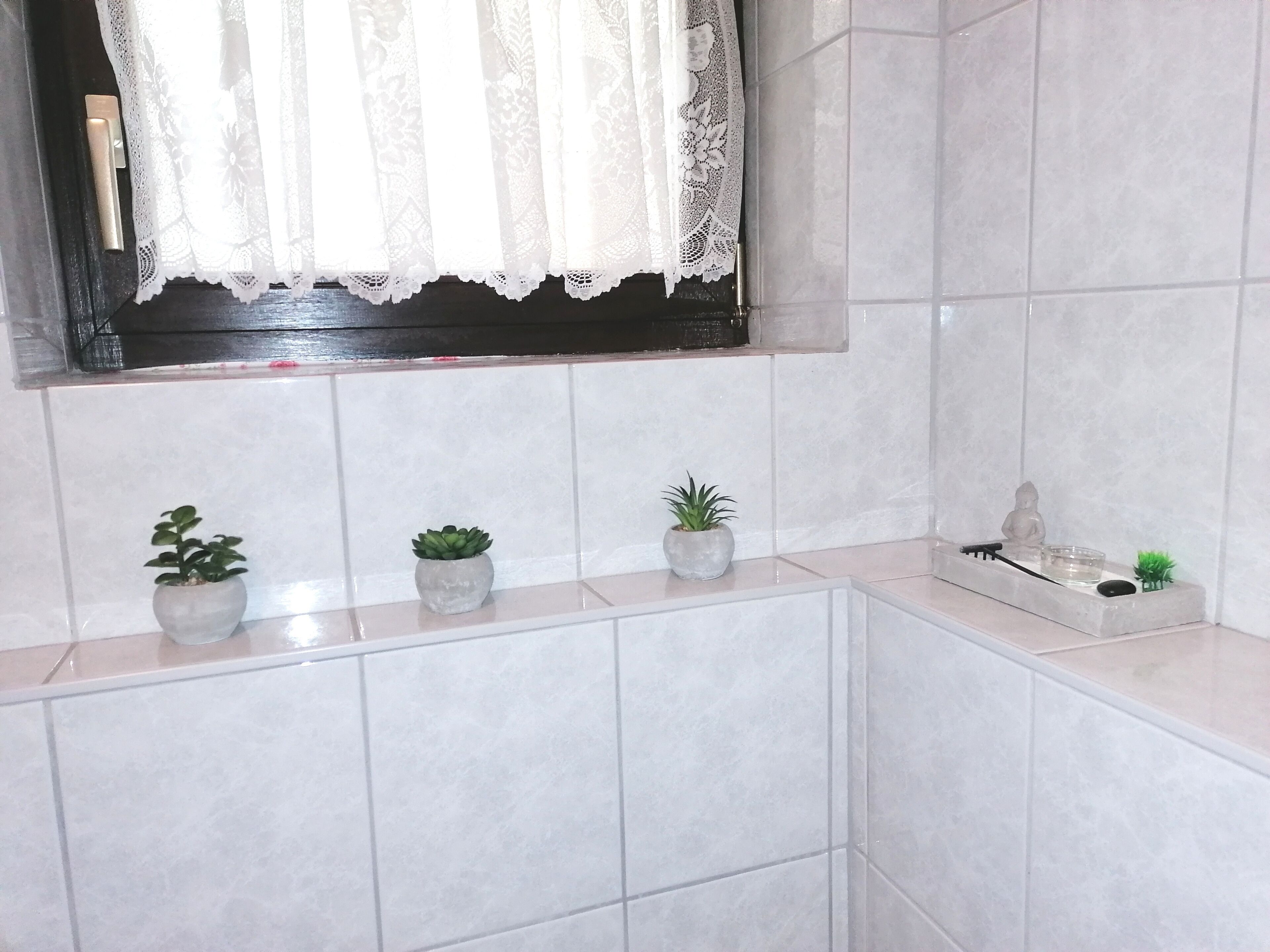 A bathroom with white tiles, a window with lace curtains, and three potted plants on the countertop.