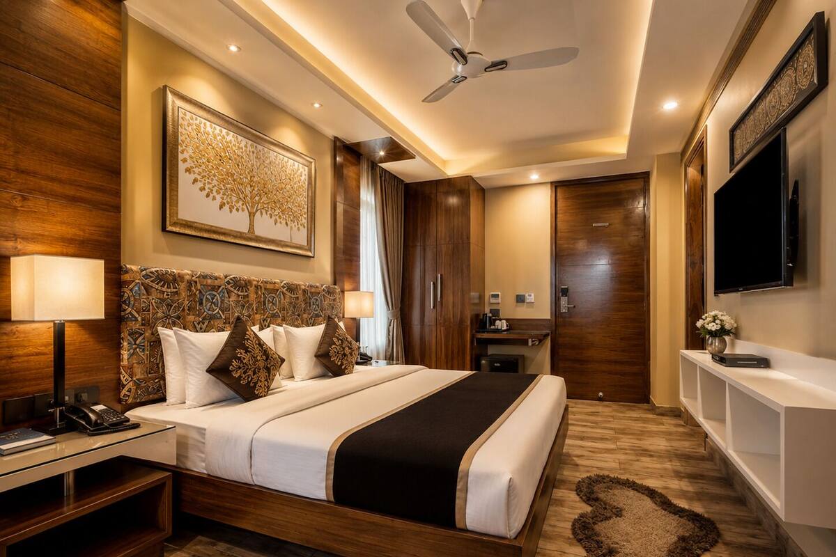 Deluxe Studio Suite | Premium bedding, desk, laptop workspace, soundproofing