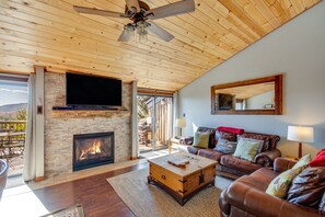 Smart TV, caminetto, libri