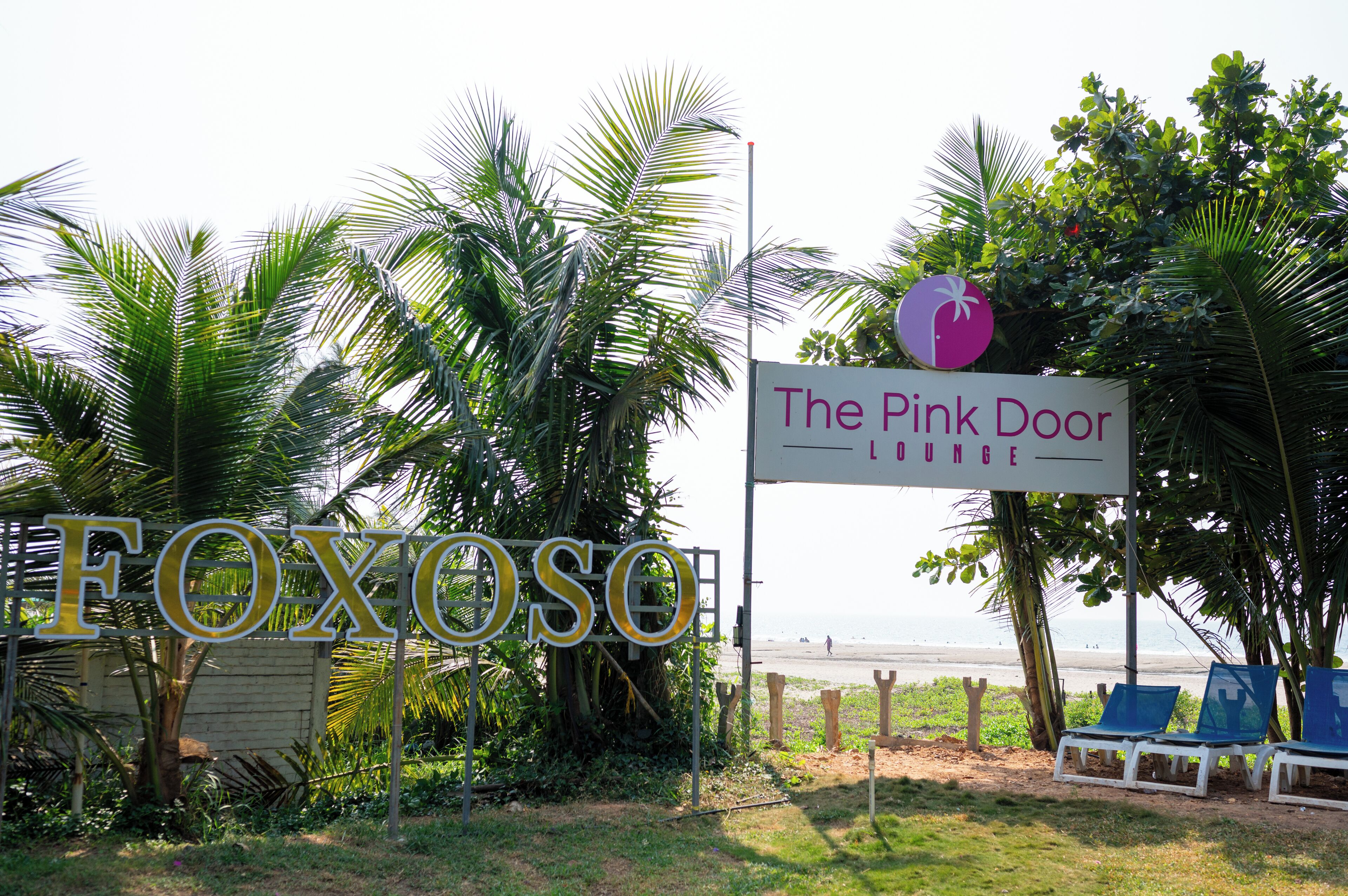 Ein Strandwegweiser für 'The Pink Door Lounge' mit Palmen und Liegestühlen im Vordergrund.