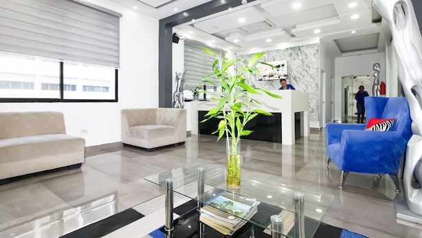 Een moderne hotel lobby met een receptiebalie, banken, een glazen salontafel met een plant en een unieke witte sculptuur.