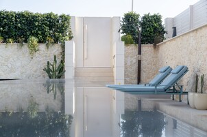A modern outdoor pool area with a stone wall, a glass enclosure, and a lounge chair.