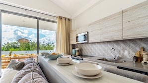 A modern kitchen with a large window, a built-in microwave, and a sink. - 3 bdrm/2 bath Villa w/pool, Azure Beach Residences (Oranjestad-West)