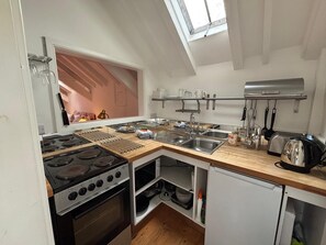 Fridge, oven, cookware/dishes/utensils