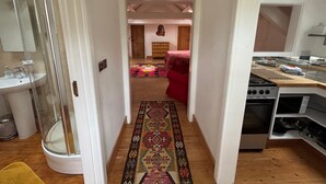 Un couloir étroit avec une douche en verre, un lavabo, un plancher en bois, un tapis coloré, un lit recouvert d’une couverture rouge et un coin cuisine avec une cuisinière et des ustensiles.