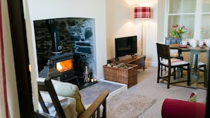 Una sala de estar acogedora con chimenea de piedra, televisor, mesa de comedor con sillas y ventana con cortinas.