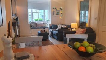 Télévision, cheminée, livres