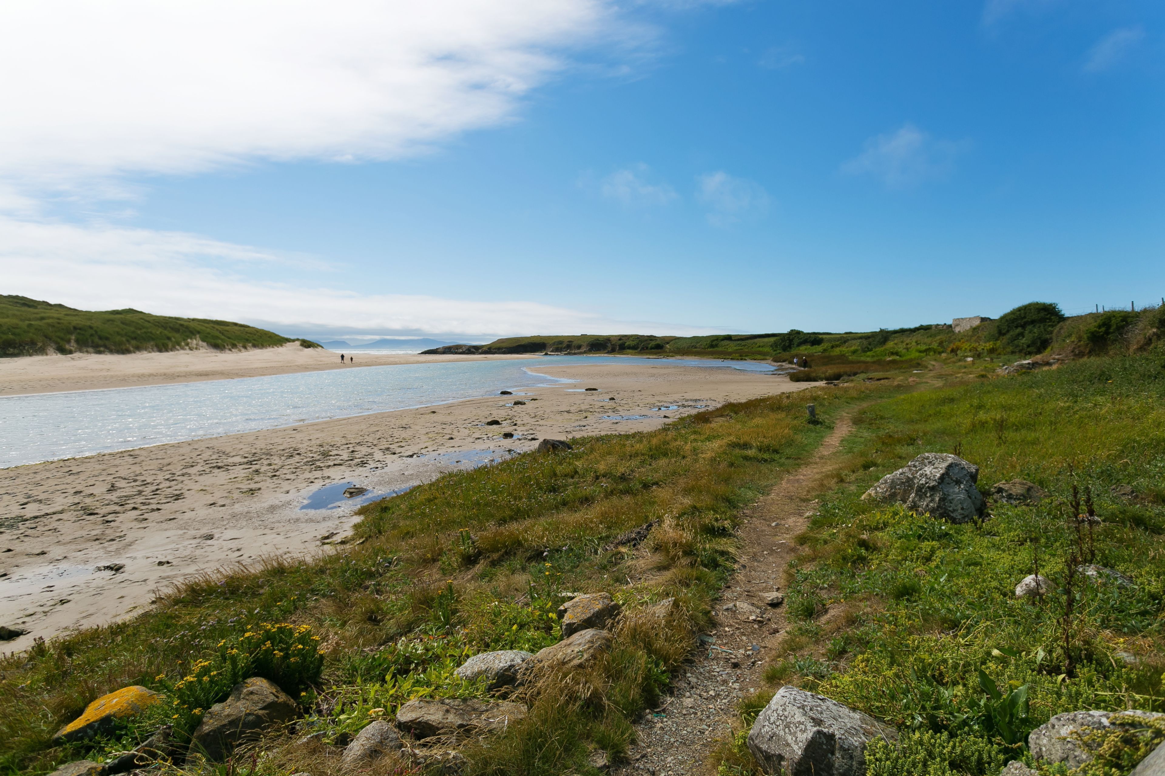 Un sentier côtier qui mène à une plage de sable, avec des zones herbeuses et un ciel dégagé.