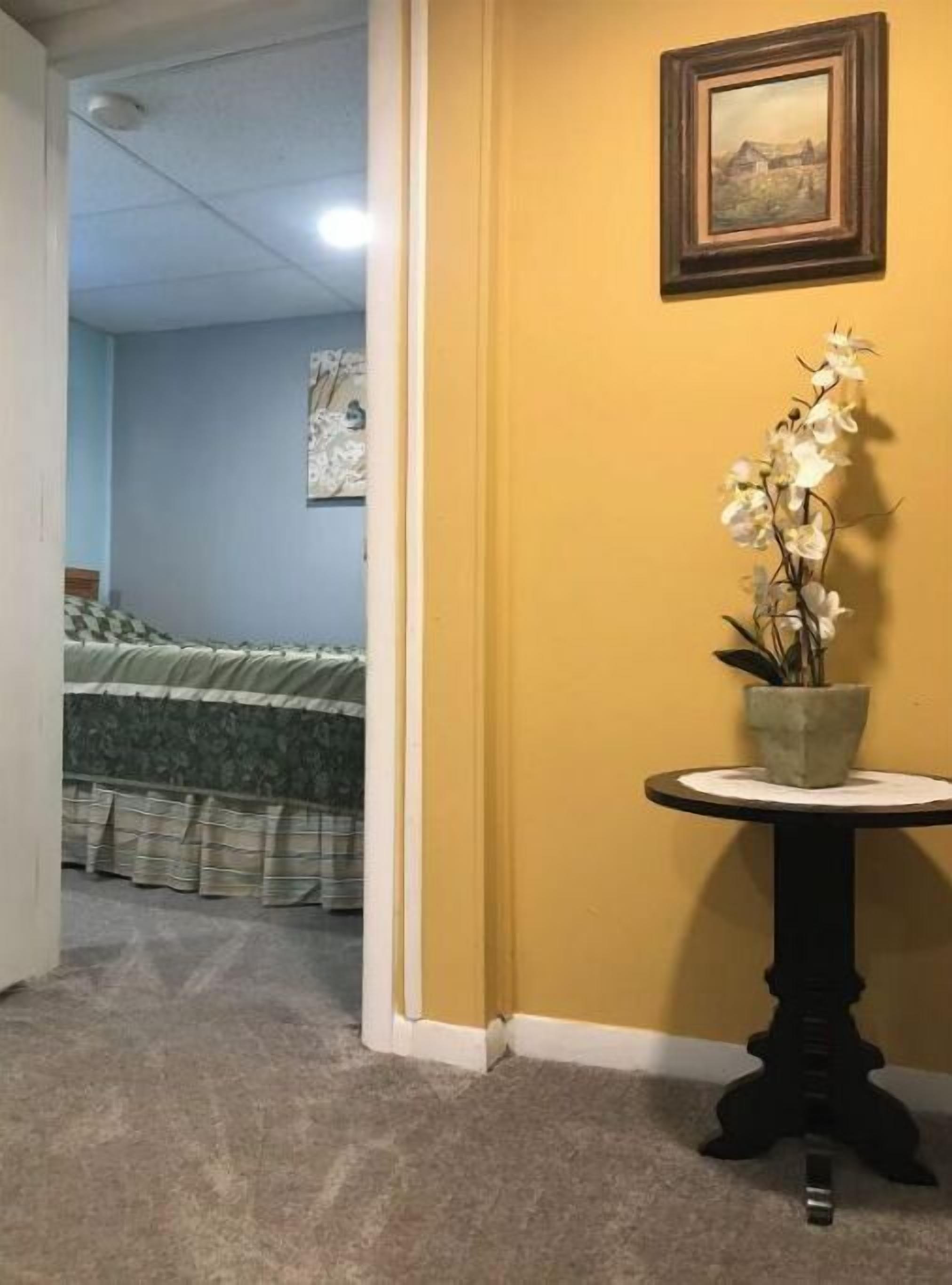 A hallway with a bed in the background, a small round table with a potted plant, and a framed picture on the wall.