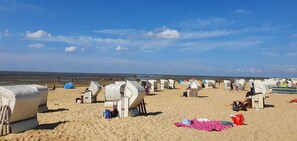 Una playa con numerosas sillas de mimbre blancas y sombrillas, arena y el océano al fondo.