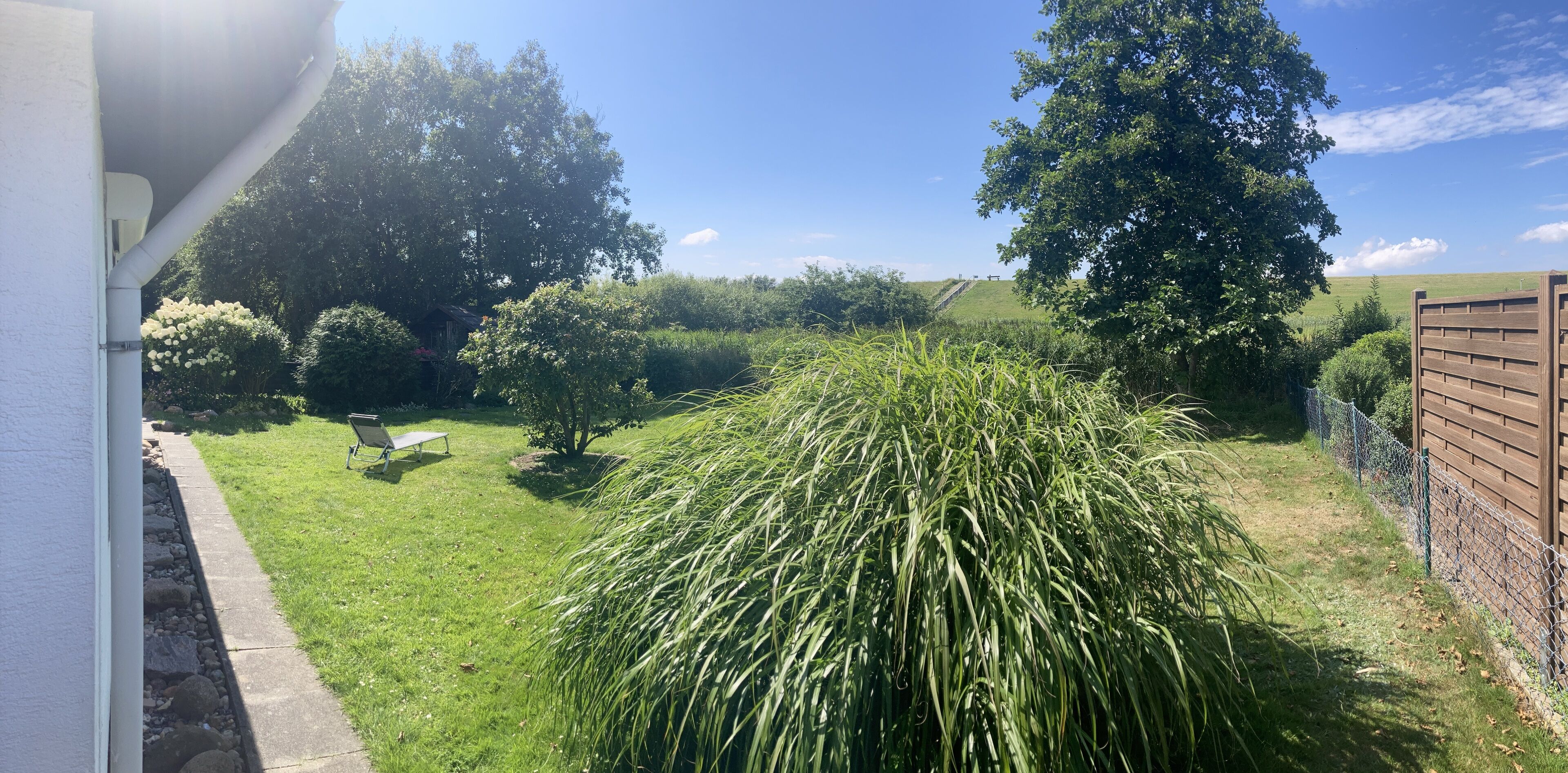 A well-maintained garden with a variety of plants and a bench, a wooden fence, and a clear blue sky.