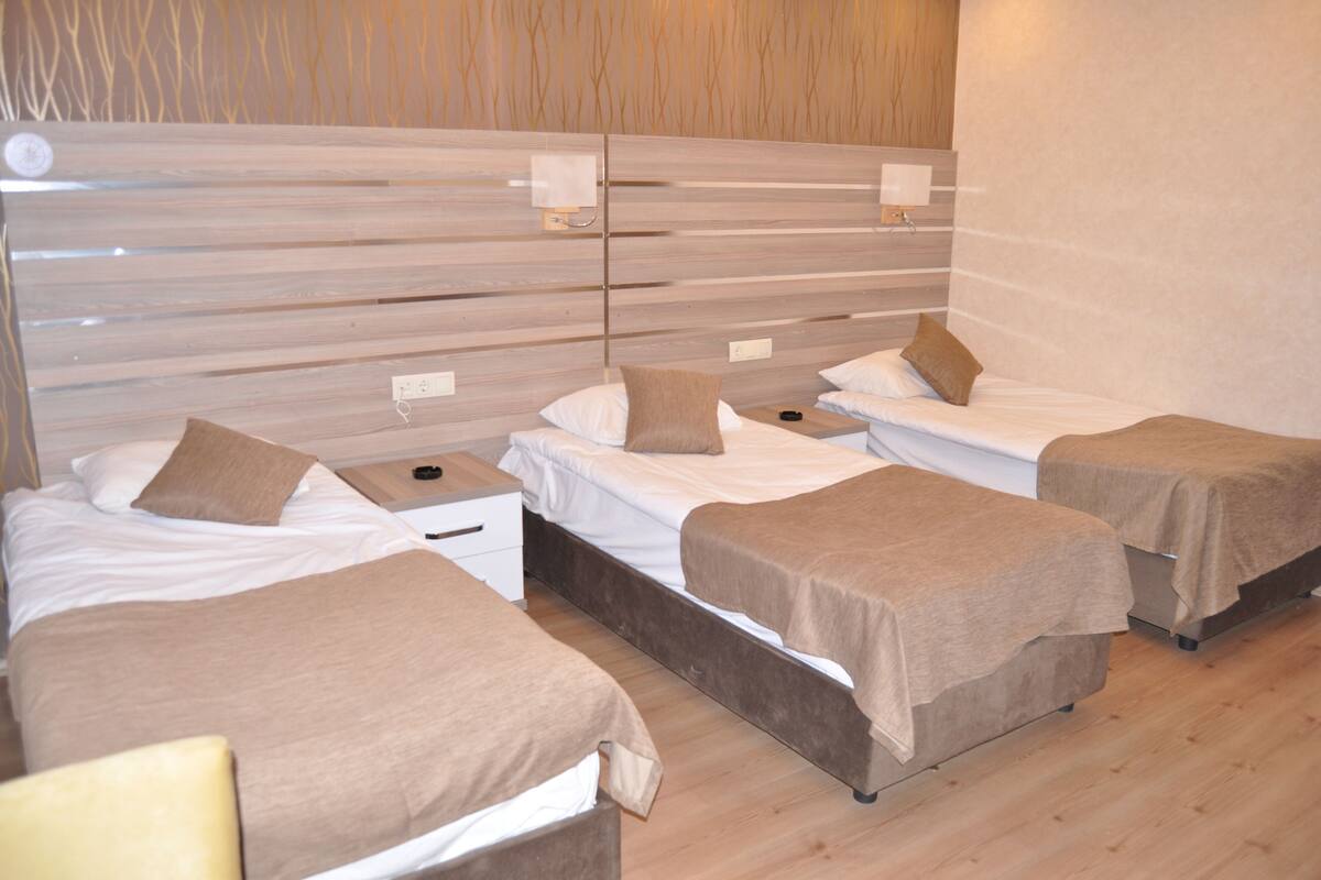 A hotel room with four single beds, each with a brown bedspread and white pillows. The room has a wooden floor and a striped wall design.