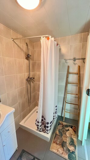 Dusj, hårføner, håndklær og toalettpapir