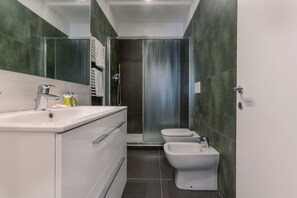 Regadera, secadora de cabello, bidet, toallas 