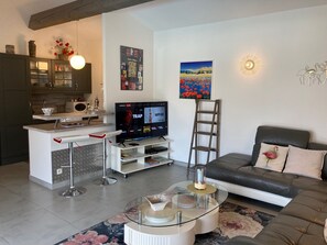 Télévision, lecteur de DVD, livres, chaîne hi-fi