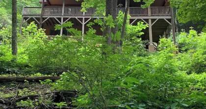 Spacious suite surrounded by nature with living room, fireplace, porch, fire pit