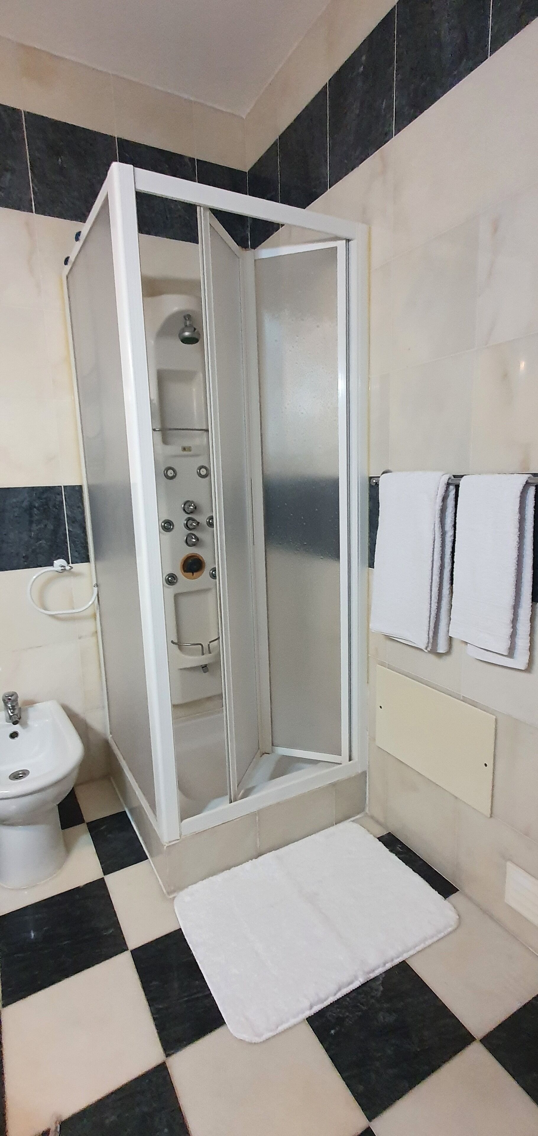 Un baño con cabina de ducha, lavabo y barra para toallas.