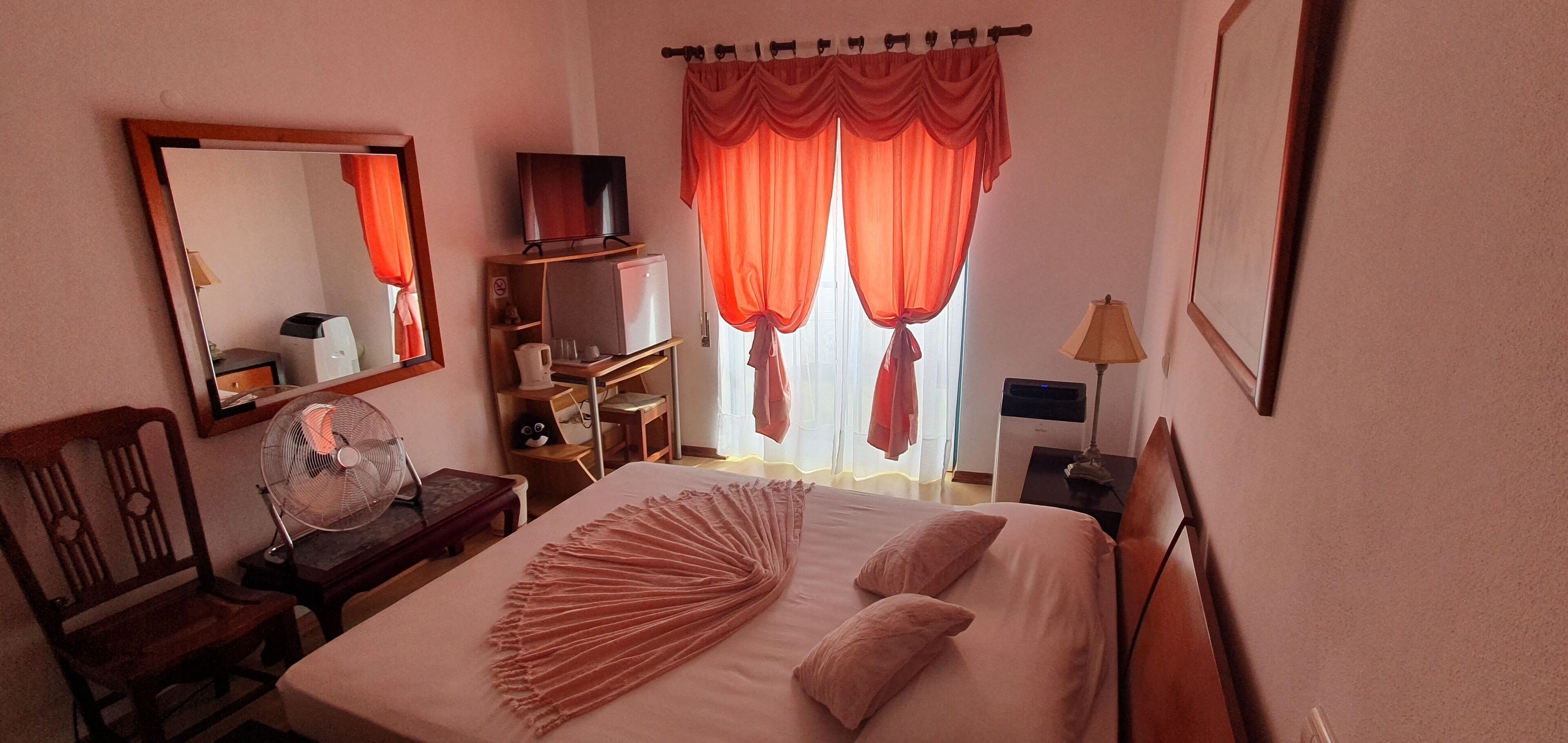 Habitación de hotel con cama, espejo, ventilador, televisión, calefacción, lámpara y armario.