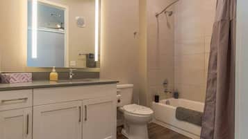 Combined shower/tub, hair dryer, shampoo
