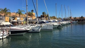 A marina with multiple sailboats docked.