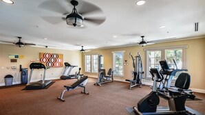 A gym with treadmills, elliptical machines, and free weights. - Welcome to La Vista! (St. George Island)