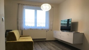 A small, modern room with a sofa, a TV on a white cabinet, a radiator, and a window with curtains.