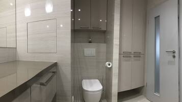 A modern bathroom with a toilet, a shower, and a sink.