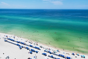 A beach with rows of blue umbrellas and sun loungers, clear turquoise water, and a sandy shore. - Amazing 3 Bedroom 3 bath overlooking the breathtaking emerald coast water. (Panama City Beach)