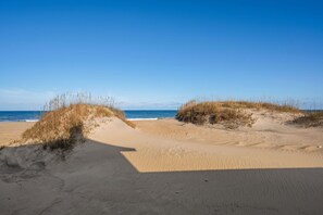 A sandy beach with dunes and sparse vegetation. - Fred Wood Cottage:Oceanfront, historic, Old Nags Head Style cottage, wide decks! (Nags Head)