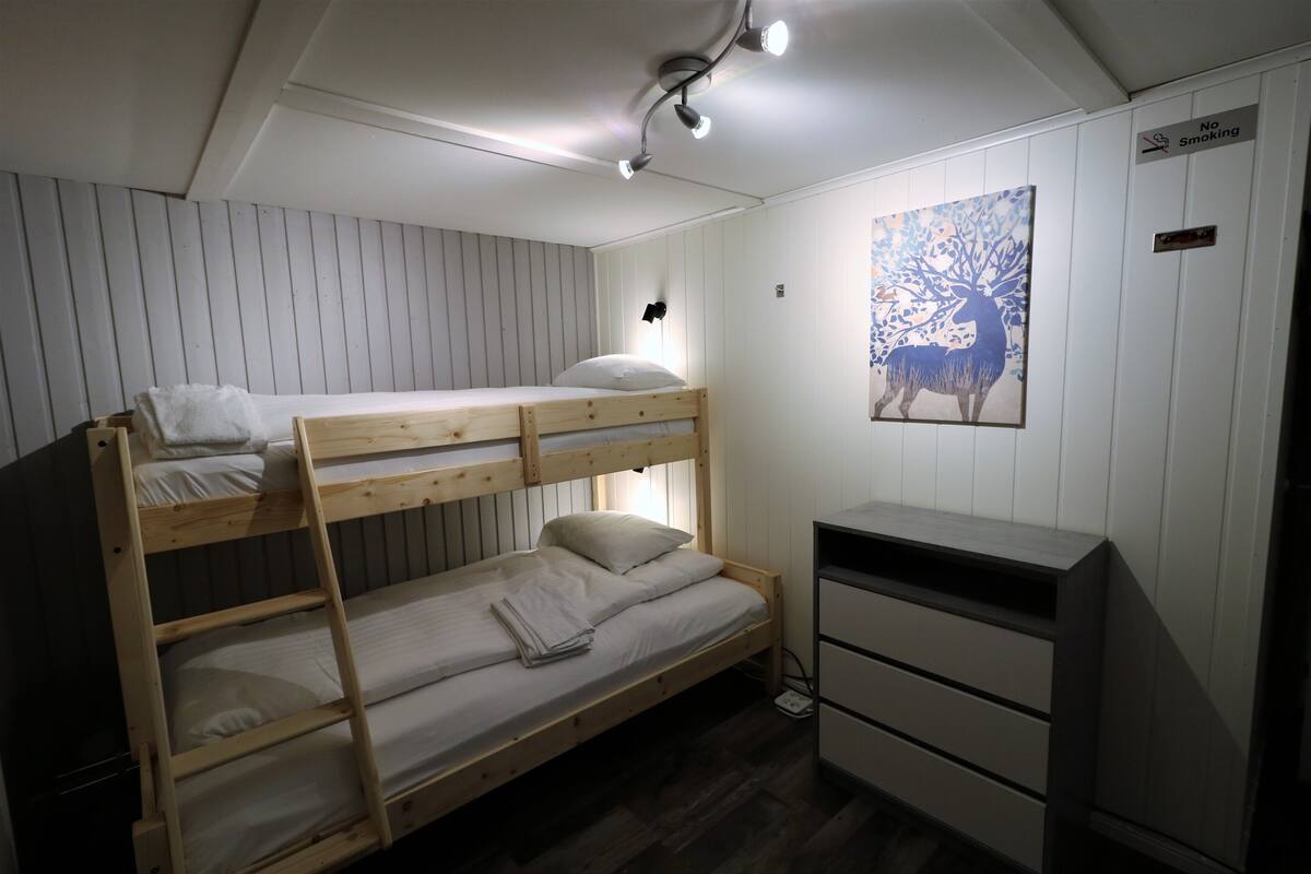 A bunk bed room with a desk and a painting on the wall.