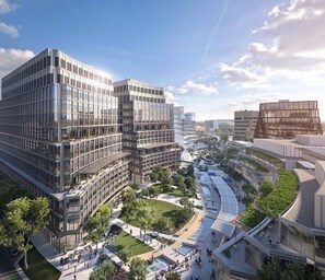 A modern urban development with high-rise buildings, pedestrian pathways, and green spaces. - Best Location in Houston - Very spacious house - Close to everything (Houston)