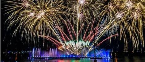 A nighttime fireworks display over a body of water with a crowd of people watching.