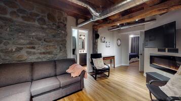 Een televisie, een open haard, een computerscherm en een printer