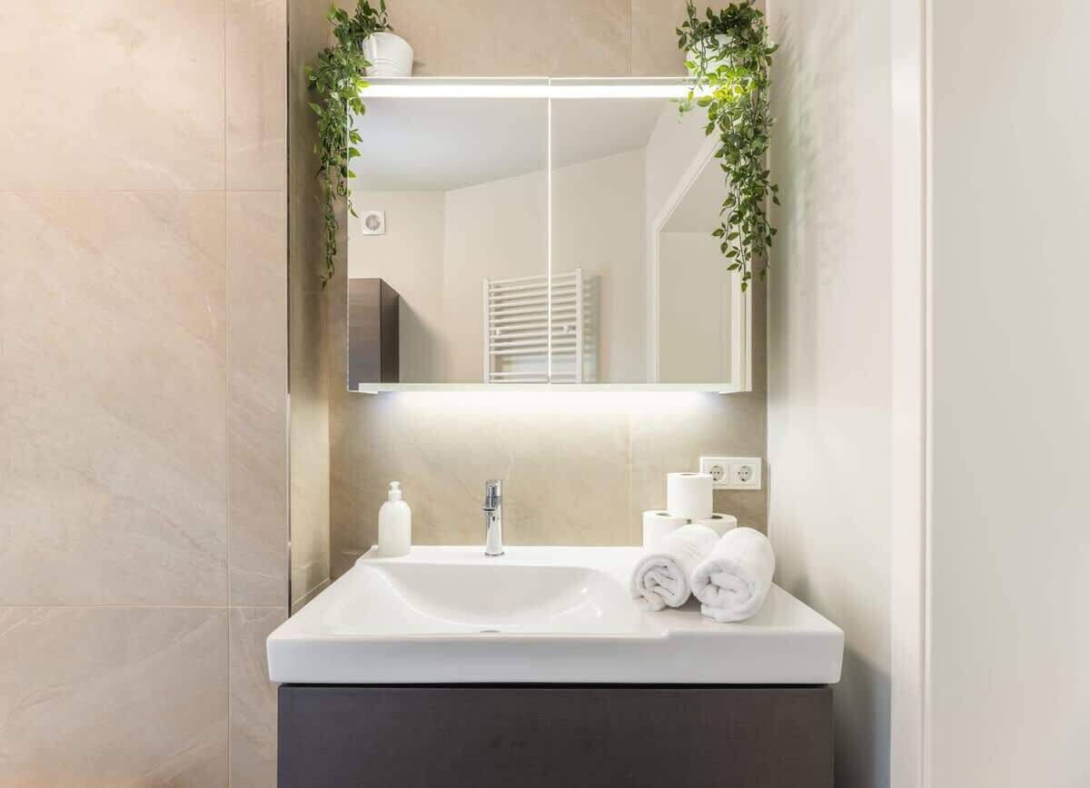 Shower, hair dryer, towels, shampoo