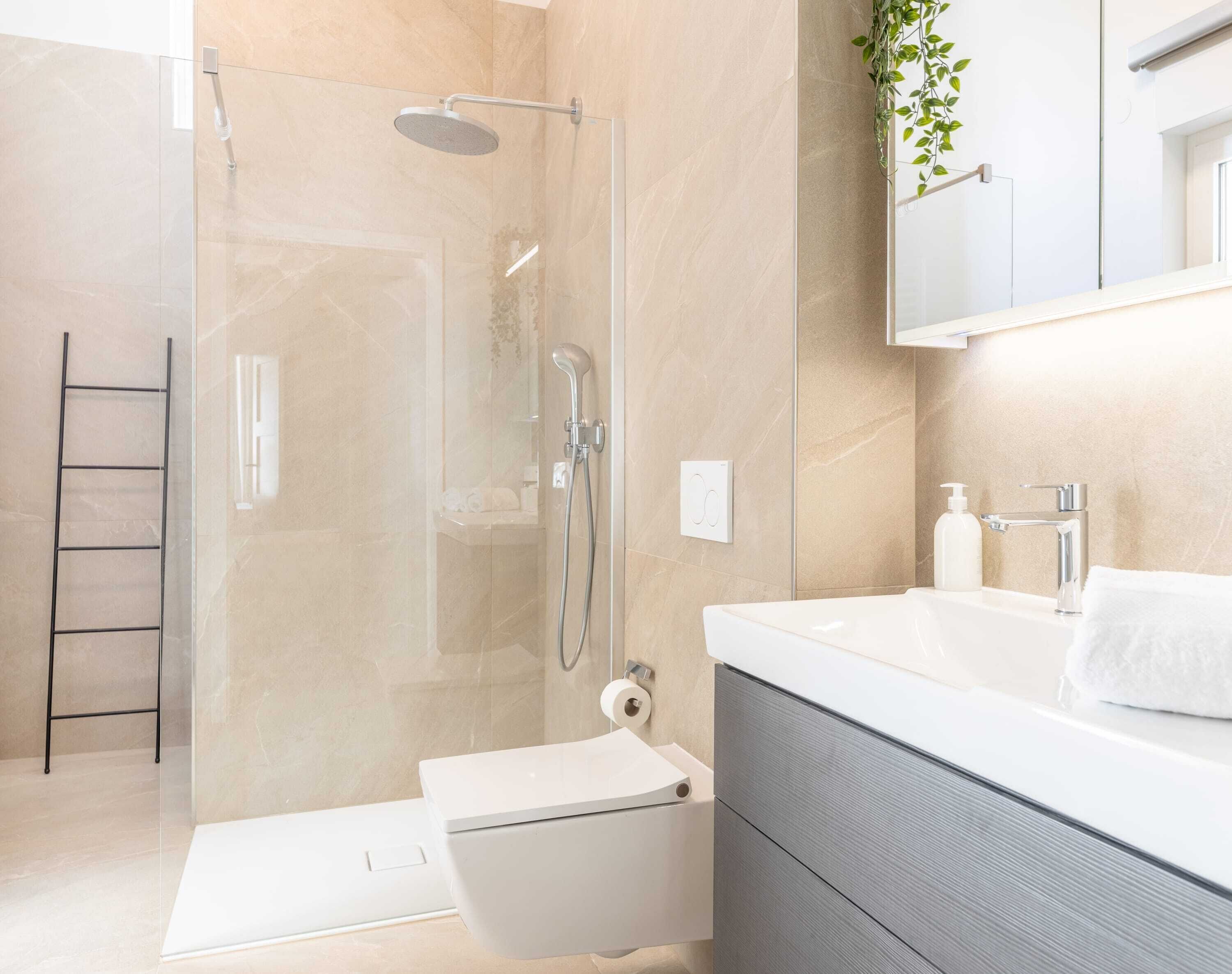 Shower, hair dryer, towels, shampoo
