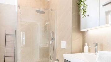 Shower, hair dryer, towels, shampoo