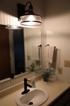 Combined shower/tub, towels