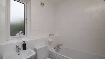 Combined shower/tub, hair dryer, towels, soap