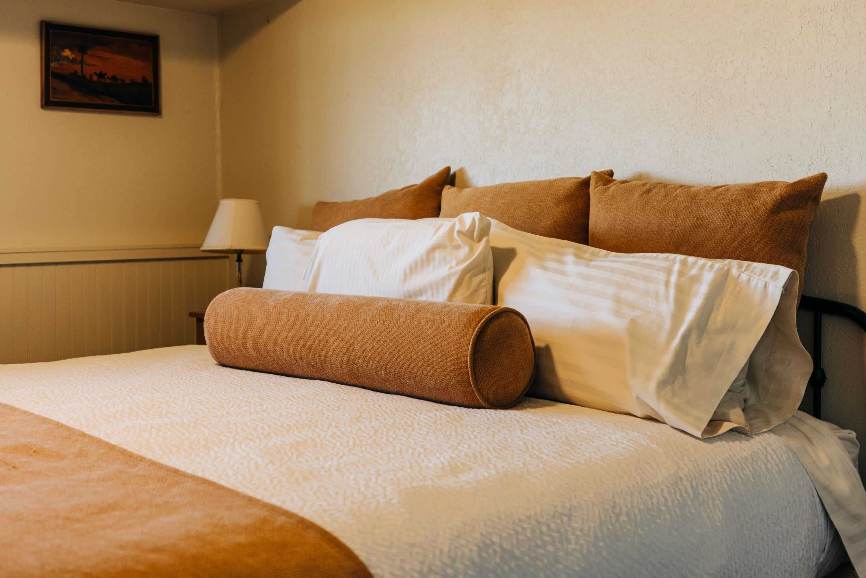 A neatly made bed with brown and white linens, a lamp on a bedside table, and a painting on the wall.