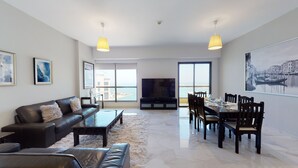Classic Apartment | Living area | 75-inch flat-screen TV with cable channels, TV, Netflix - 4302 Rimal 1 (Dubai)