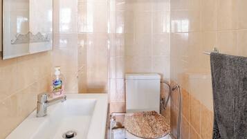 Une salle de bain avec un lavabo, des toilettes et un miroir.