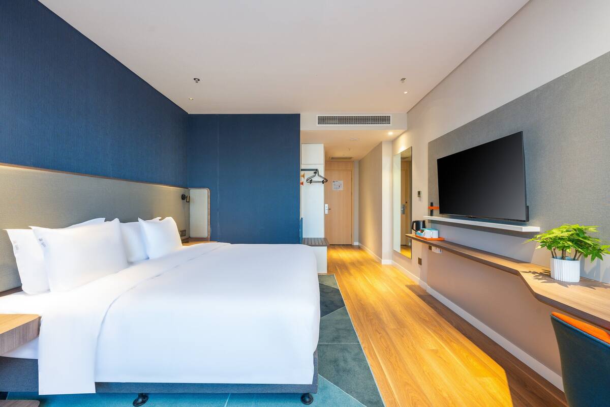 A modern hotel room with a large bed, a flat-screen TV mounted on the wall, and a small plant on a side table.