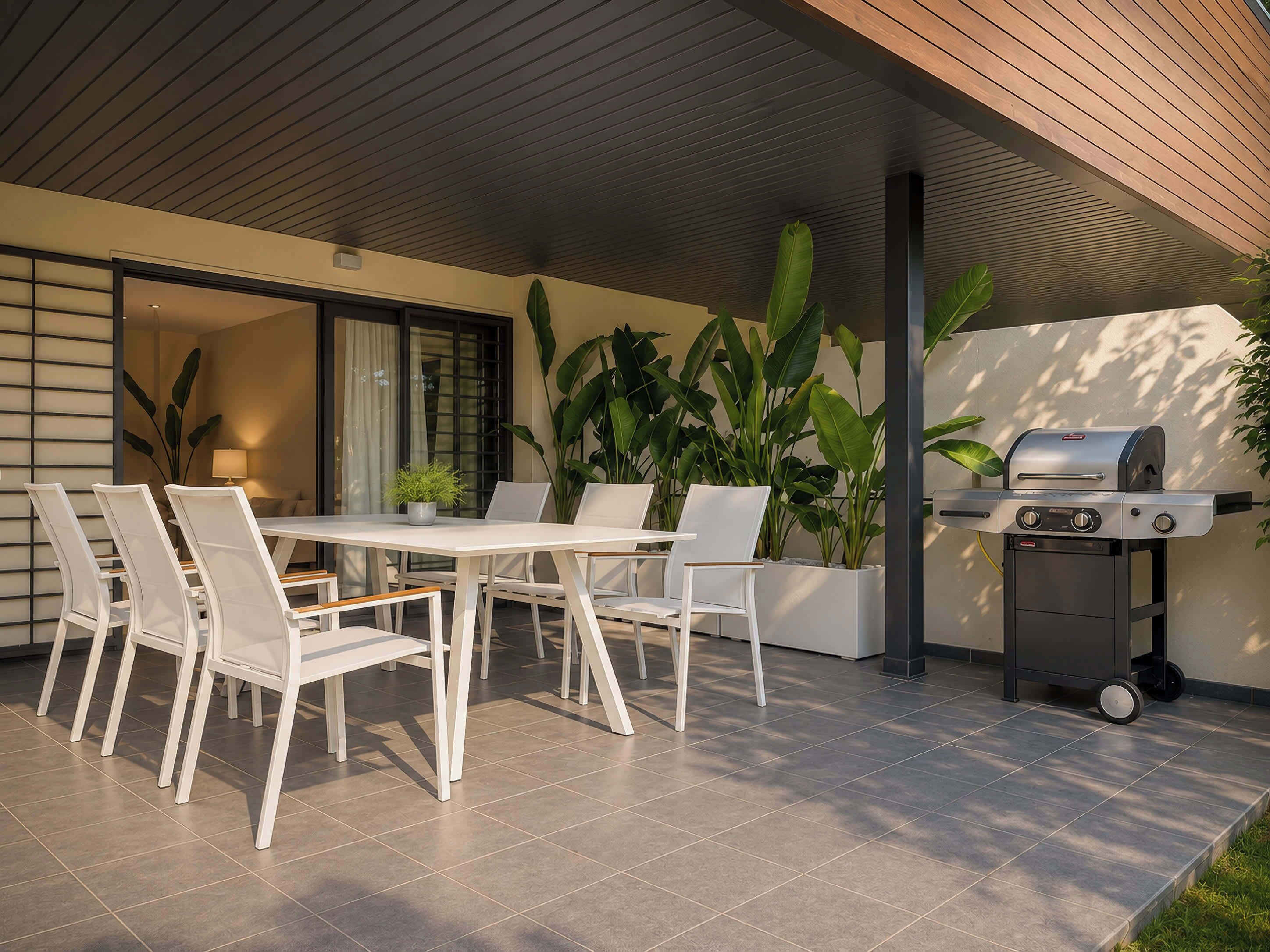 An outdoor patio with a dining table and chairs, surrounded by large potted plants.